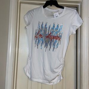 Guess White Tee with Blue and Red Sequin Design